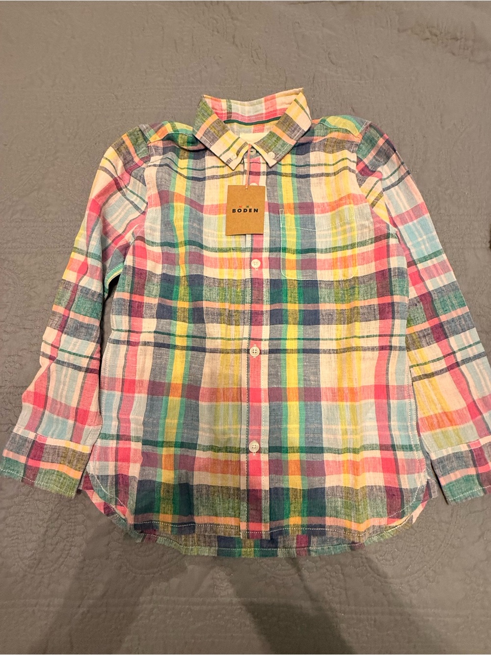 Mini Boden Rainbow Plaid Button-Down Shirt